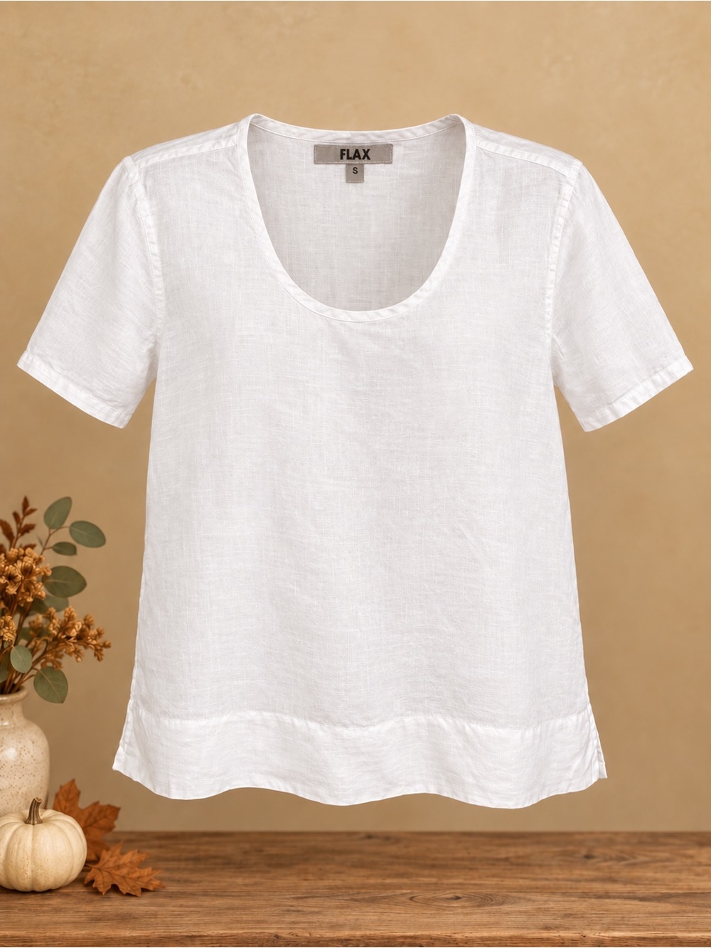Flax 100% Linen White Scoop Neck Short Sleeve Tee